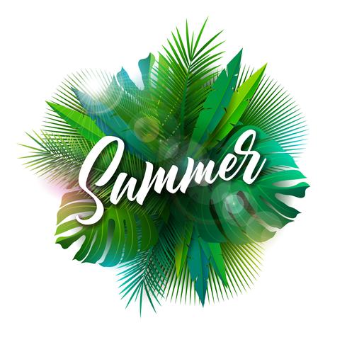 Summer Illustration with Typography Letter and Tropical Plants on White Background. Vector Holiday Design with Exotic Palm Leaves and Phylodendron