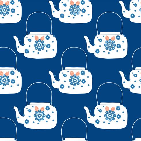folk art tea pot with flower block print vector illustration