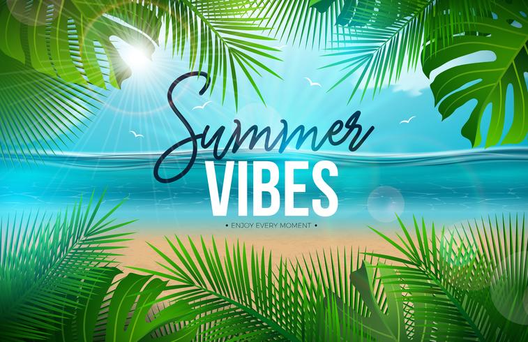 Vector Summer Vibes Illustration with Palm Leaves and Typography Letter on Blue Ocean Landscape Background. Summer Vacation Holiday Design