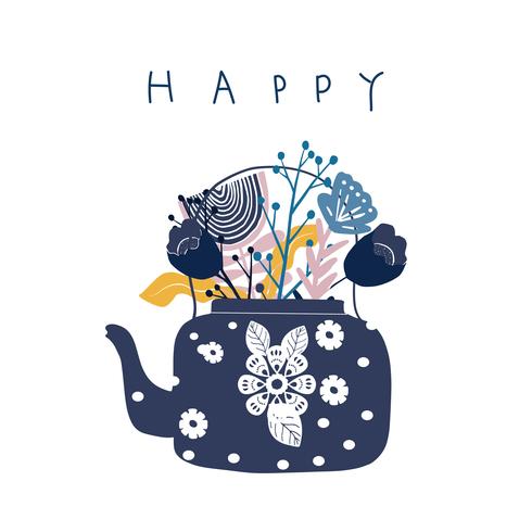 folk art tea pot with flower block print vector illustration