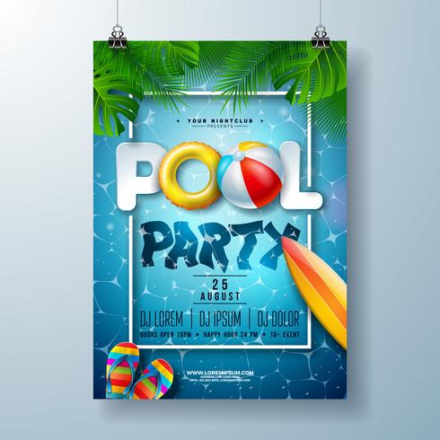 Plantilla de diseño de cartel de fiesta en la piscina de verano con hojas de palma, agua, pelota de playa y flotador en el fondo del paisaje del océano azul vector