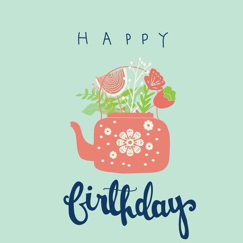 folk art tea pot with flower block print vector illustration