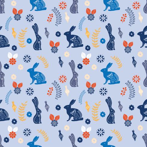 Scandinavian folk art printable pattern with bunnies and flowers  vector