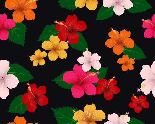 Seamless pattern of tropical flora with hibiscus flowers and leaves on dark background - Vector Illustration