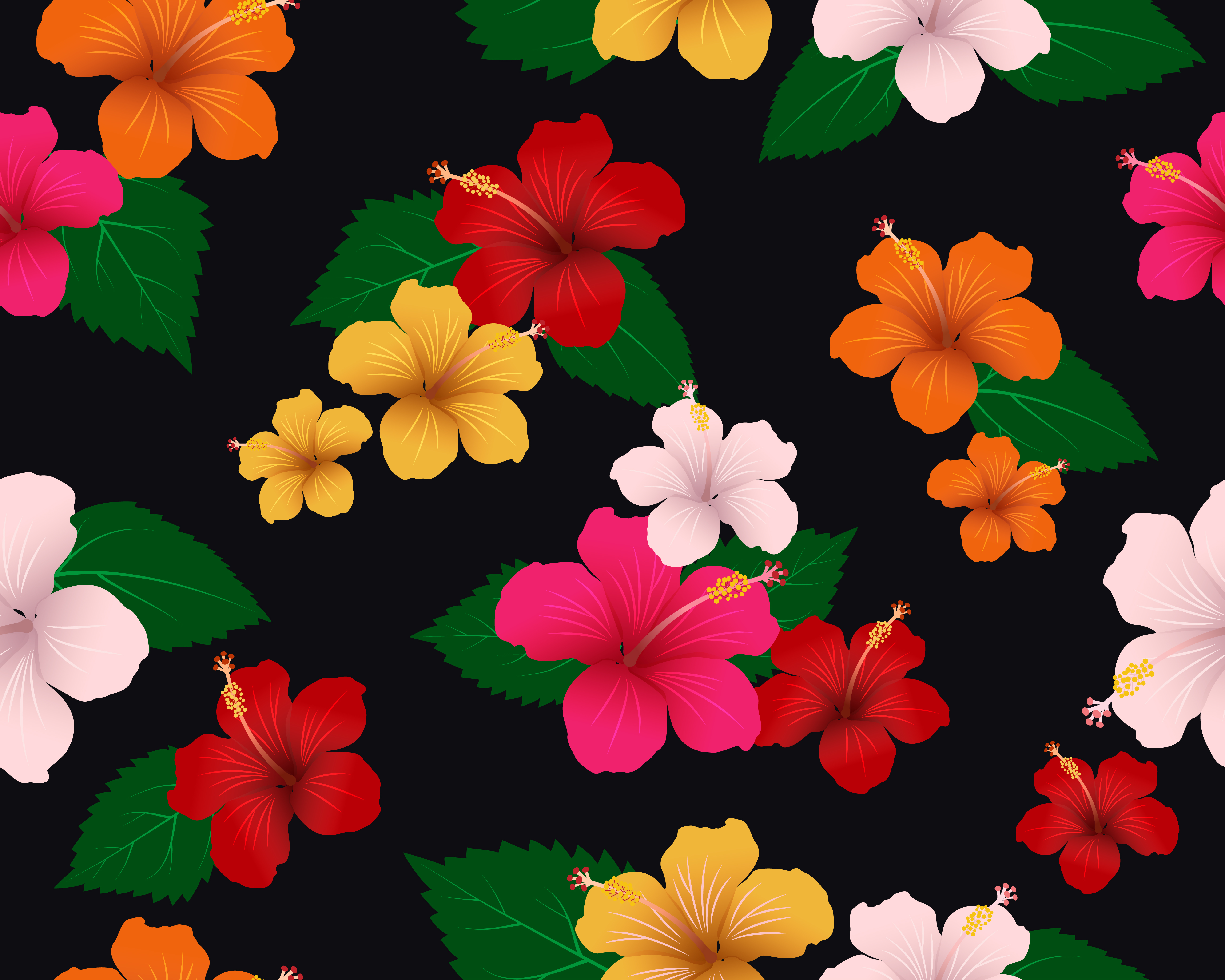 Seamless pattern of tropical flora with hibiscus flowers and leaves on