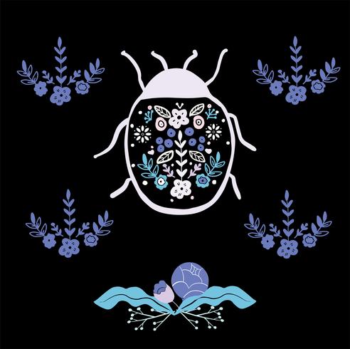 folk art bug with floral element ornament Scandinavian style vector