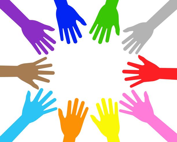 Vector illustration of colorful teamwork people hands on white ...