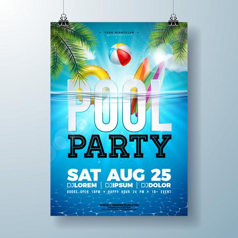 Summer pool party poster design template with palm leaves, water, beach ball and float on blue ocean landscape background. Vector holiday illustration