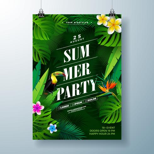 Diseño del aviador del partido del verano con la flor, las hojas de palma tropicales y el pájaro del tucán en fondo verde. Vector de plantilla de diseño de celebración de playa de verano con elementos florales de naturaleza y plantas tropicales