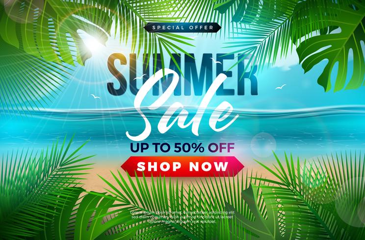Summer Sale Design with Palm Leaves and Typography Letter on Blue Ocean Landscape Background. Tropical Floral Vector Illustration with Special Offer Typography for Coupon