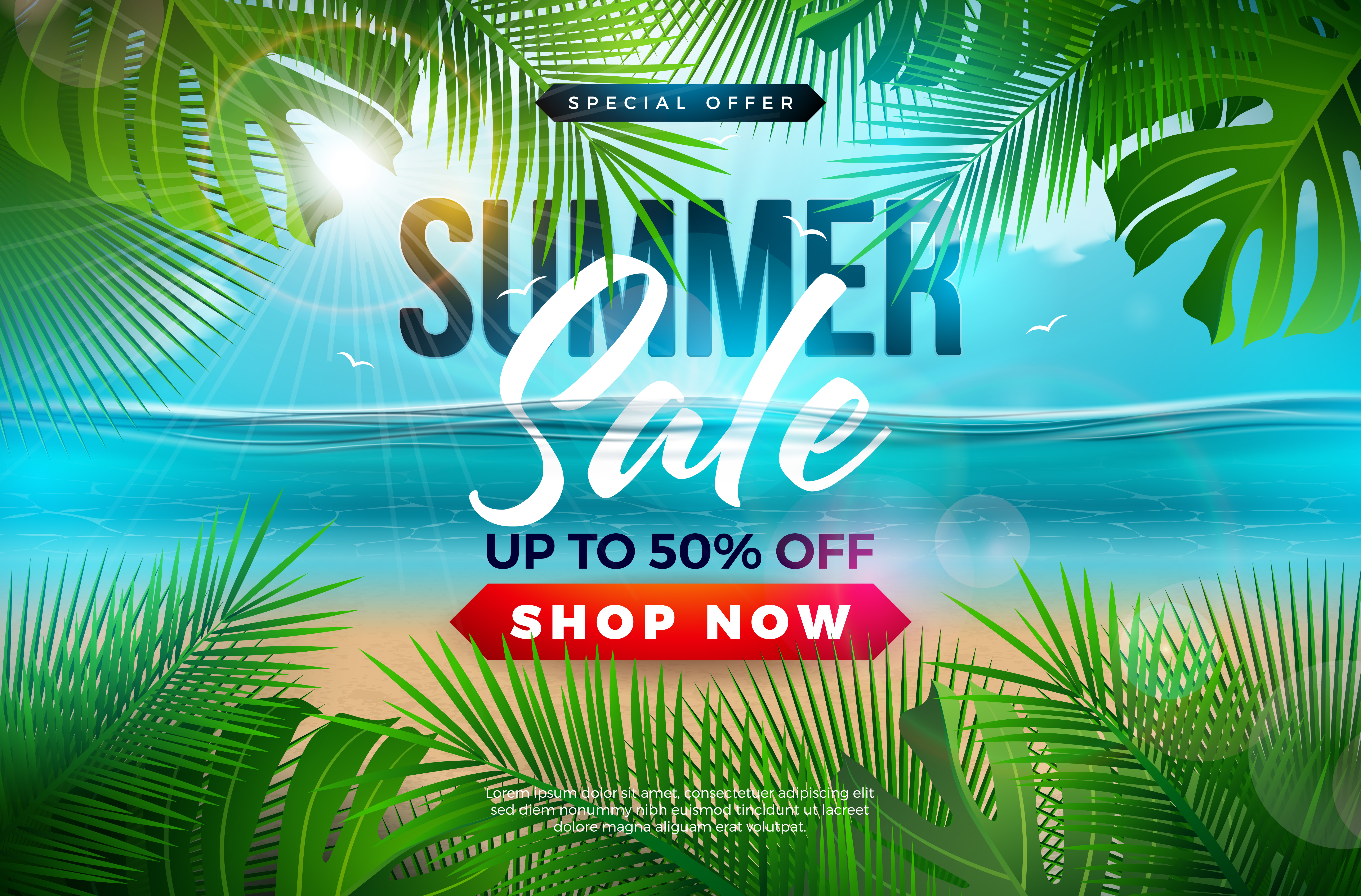 Download Summer Sale Design with Palm Leaves and Typography Letter on Blue Ocean Landscape Background ...