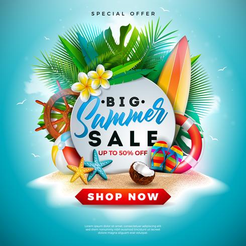 Summer Sale Design with Flower, Beach Holiday Elements and Exotic Leaves on Ocean Blue Background. Tropical Floral Vector Illustration with Special Offer Typography for Coupon