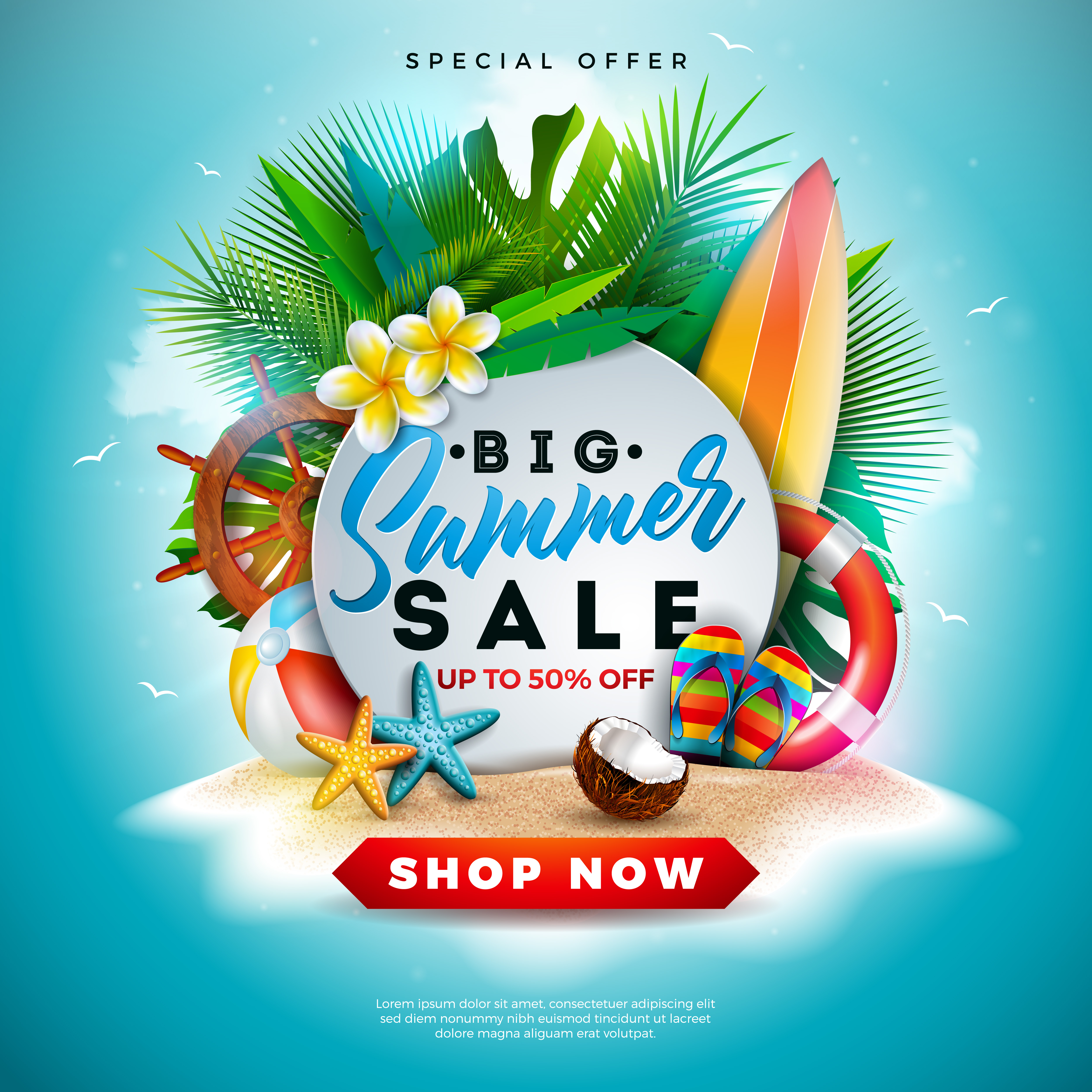Download Summer Sale Design with Flower, Beach Holiday Elements and ...