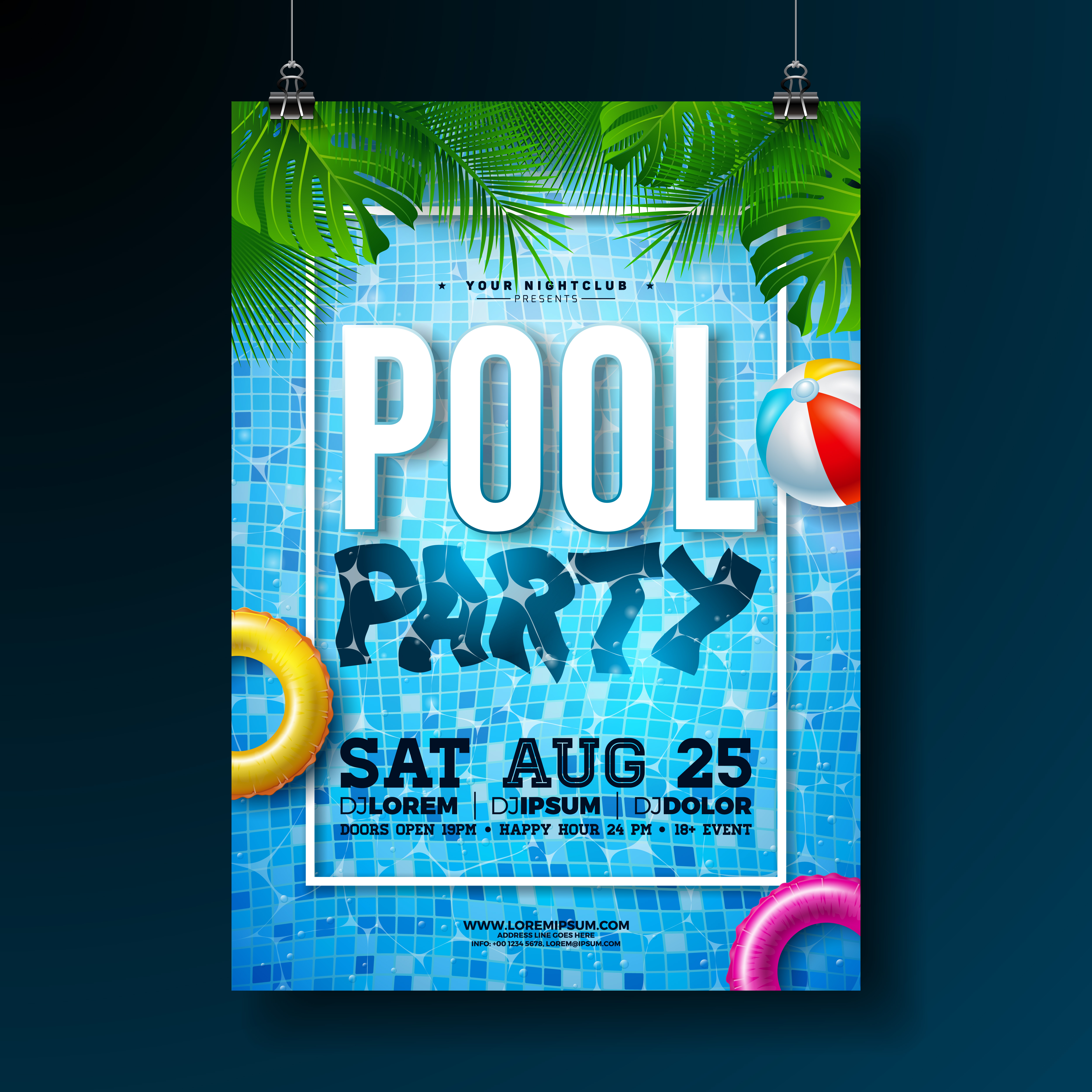 Summer Pool Party Poster Design Template With Palm Leaves Water Beach 