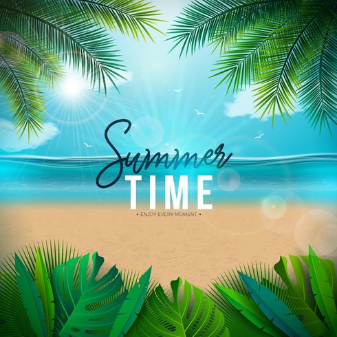 Vector el ejemplo del tiempo de verano con las hojas de palma y la letra de la tipografía en fondo azul del paisaje del océano. Vacaciones de verano diseño de vacaciones para Banner