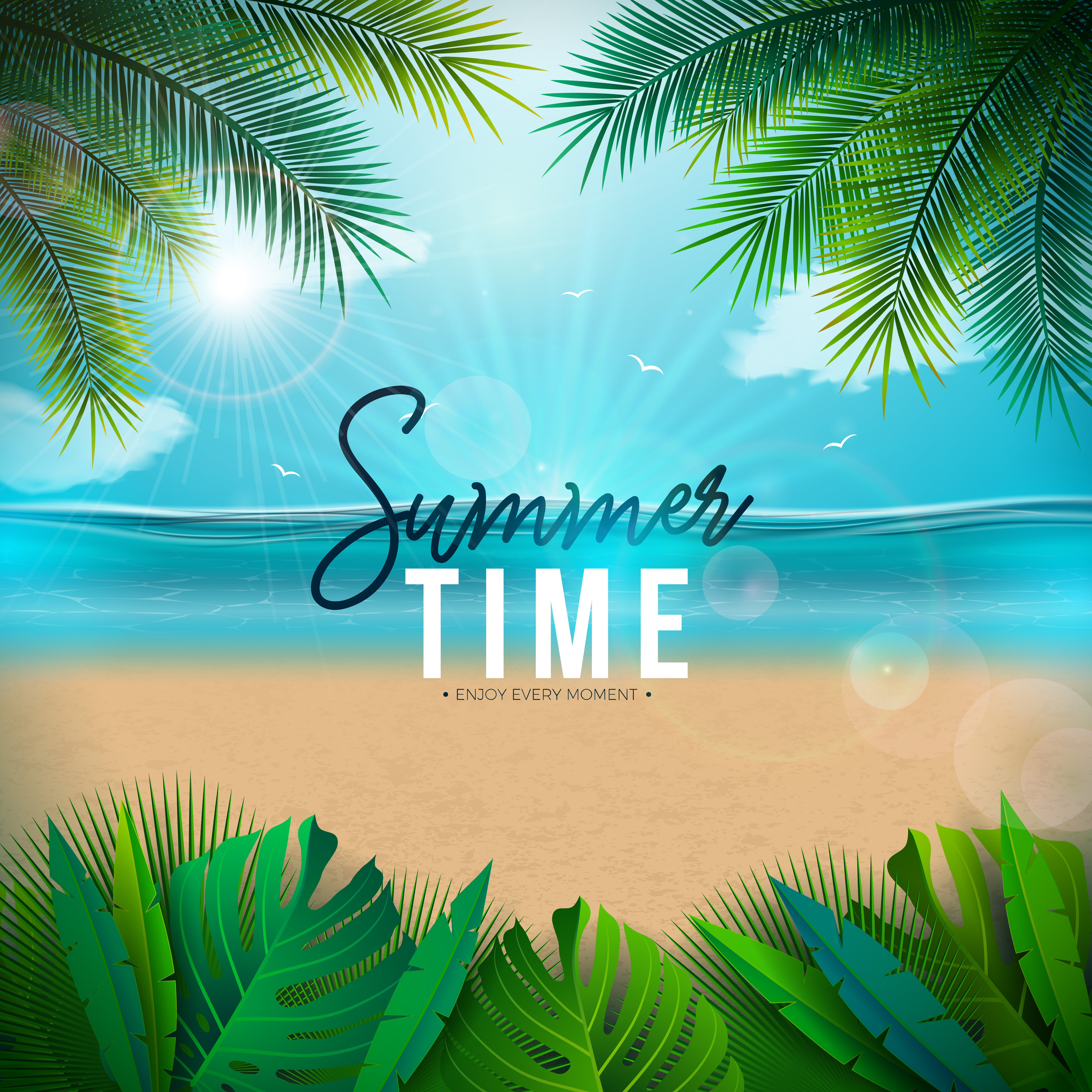 Vector Summer Time Illustration with Palm Leaves and Typography Letter