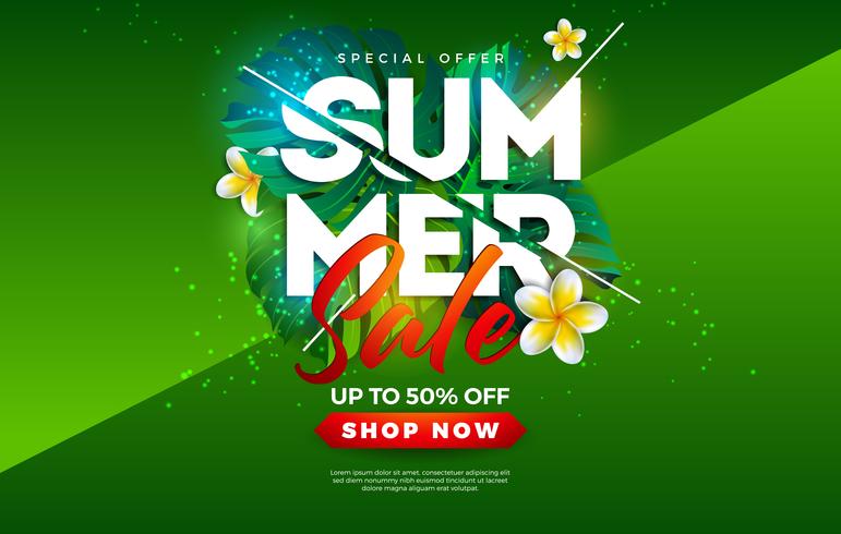 Diseño de la venta del verano con la flor y las hojas de palma exóticas en fondo verde. Ilustración de oferta especial de vector tropical con tipografía para cupón