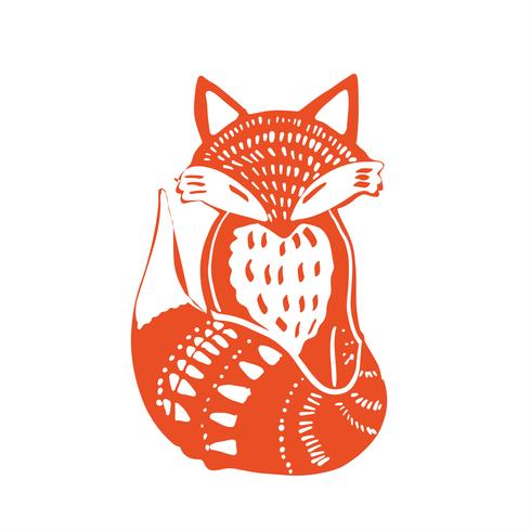 Scandinaviat folk art with fox, nordic style blockprint imitation vector