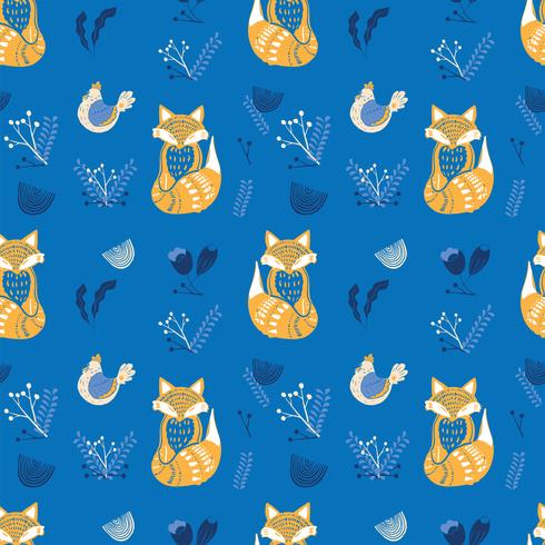 Scandinaviat folk art with fox, nordic style blockprint imitation vector