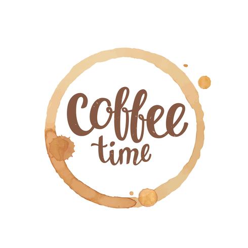 Taza de café mancha y gotas con letras de tiempo de café. Ilustracion vectorial vector