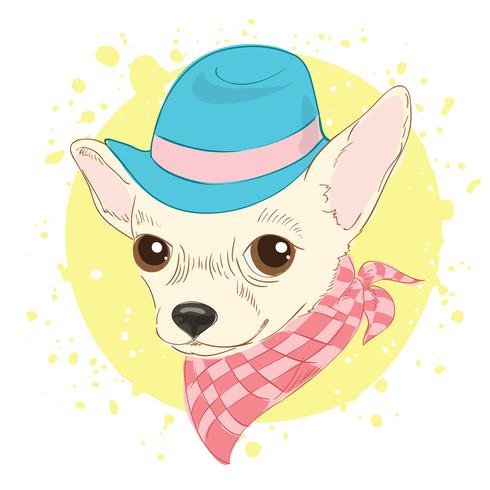 Dé el ejemplo exhausto del vector del perro del inconformista para las tarjetas, impresión de la camiseta, cartel. Retrato de moda de chihuahua perro vistiendo sombrero y corbata.