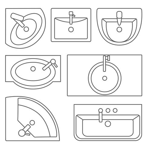 Sinks top view collection.Vector contour illustration. Set of different wash basin types. vector