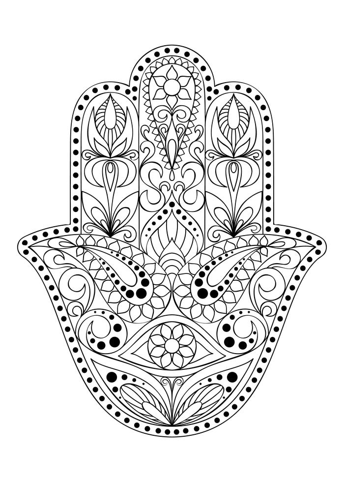 Hand drawn Hamsa symbol.  Hand of Fatima. Ethnic amulet common in Indian, Arabic and Jewish cultures. Hamsa symbol with eastern floral ornament for adult coloring. Coloring page with hamsa symbol. vector