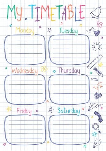 School timetable template on copy book sheet with hand written text. Weekly lessons shedule in sketchy style decorated with hand drawn school doodles. vector