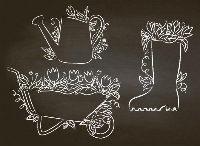 Chalk contours of watering can, boot and barrow with leaves and flowers.Collection of gardening placards on blackboard. Gardening typography posters set.  vector