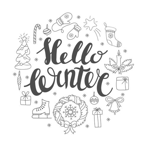 Hello winter handlettering with christmas elements. Winter season card, greeting vector