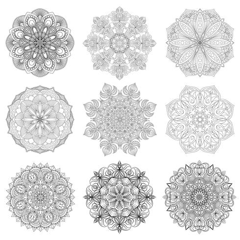 Set of 9 hand-drawn vector Arabic mandala on white background. Ethnic decoration