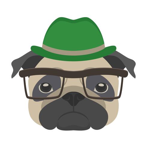 Portrait of pug dog with glasses and hat in flat style. Vector illustration of Hipster dog for cards, t-shirt print, placard.