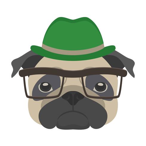 Retrato de perro pug con gafas y sombrero en estilo plano. Vector el ejemplo del perro del inconformista para las tarjetas, impresión de la camiseta, cartel.