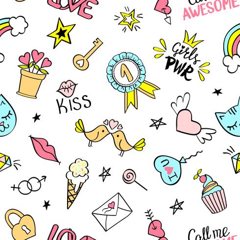 Seamless pattern with hand drawn girly doodles. Repeating background with childish sketch design elements for textile, wallpaper, scrapbooking. vector