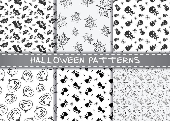 Set of halloween vector patterns. Endless monochrome halloween textures.