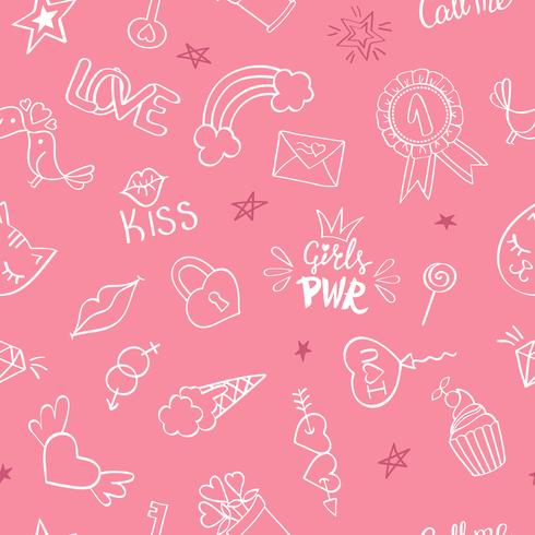 Seamless pattern with hand drawn girly doodles. Repeating background with childish sketch design elements for textile, wallpaper, scrapbooking. vector