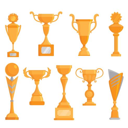 Vector flat golden goblet icon set in flat style. Winner award.  Golden trophy