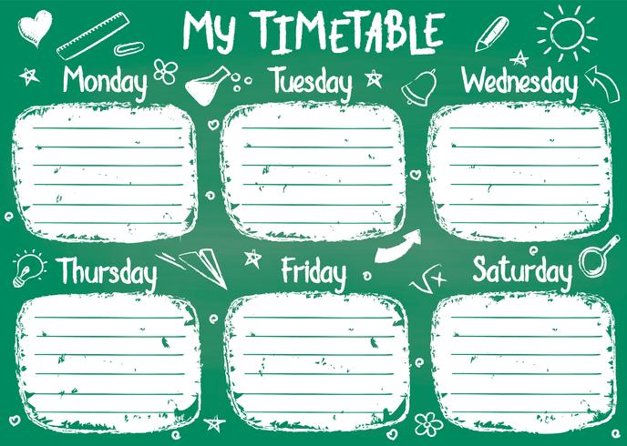 School timetable template on chalk board with hand written chalk text. Weekly lessons shedule in sketchy style decorated with hand drawn school doodles on green board. vector
