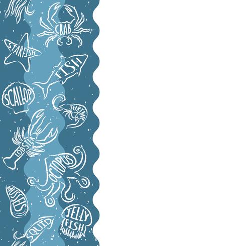 Vertical repeating pattern with seafood products. Seafood seamless banner with underwater contour animals. Tile design for restaurant menu, fish food industry or market shop. vector