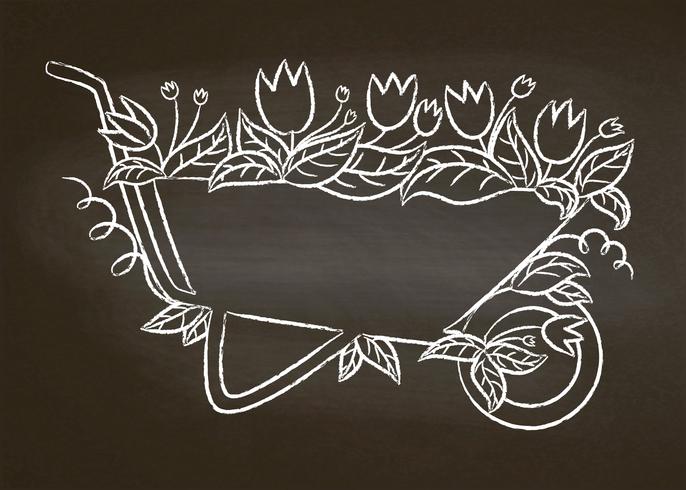 Chalk contour of vintage garden barrow with leaves and flowers on chalk board. Typography gardening poster.  vector