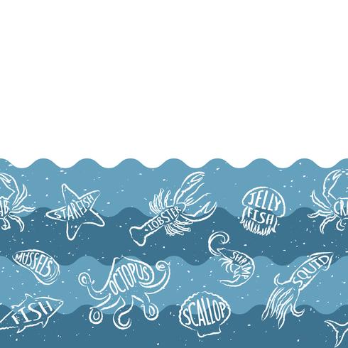 Patrón de repetición horizontal con productos del mar. Bandera inconsútil de los mariscos con los animales subacuáticos. Diseño de azulejos para restaurante, industria de alimentos de pescado o tienda de mercado. vector