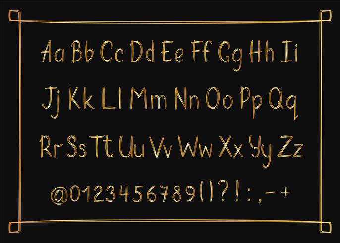 Golden alphabet in sketchy style with frame. Vector handwritten pencil letters, numbers and punctuation marks. Gold pen handwriting font.