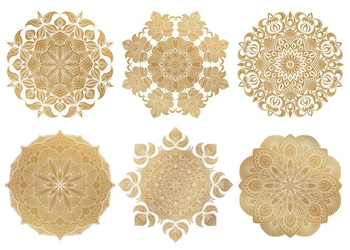 Set of 6 hand-drawn gold Arabic mandala on white background. Ethnic vector decorative ornament. Round abstract oriental ornament.