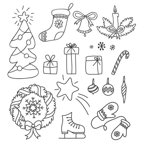 Christmas set of hand drawn doodles in simple style. Vector contour illustration