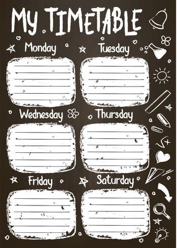 School timetable template on chalk board  with hand written chalk text. Weekly lessons shedule in sketchy style decorated with hand drawn school doodles on blackbord. vector