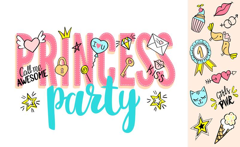 Princess Party lettering with girly doodles and hand drawn phrases for valentines day card design, girl's t-shirt print. Hand drawn Princess Party slogan. vector