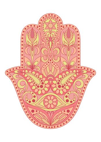 Dibujado a mano símbolo de Hamsa. Mano de Fátima. Amuleto étnico común en las culturas india, árabe y judía. Símbolo de Hamsa colorido con el ornamento floral del este. vector