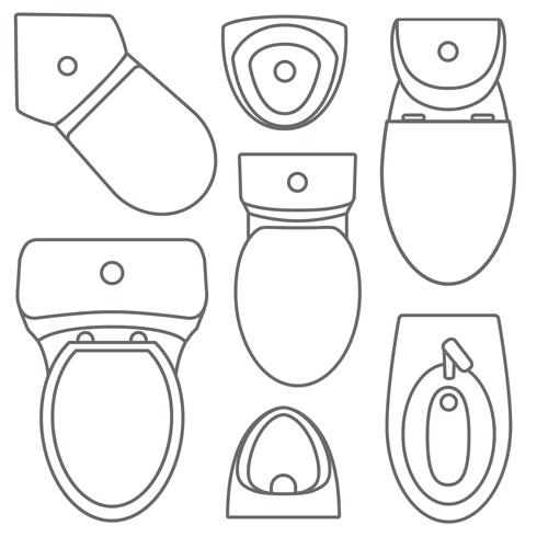 Toilet equipment top view collection for interior design.Vector contour illustration. Set of different toilet sinks types. vector