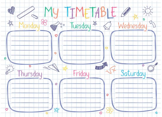 Plantilla De Calendario Escolar En Hoja De Libro De Copia Con Texto Escrito A Mano Programa Semanal De Lecciones En Estilo Incompleto Decorado Con Garabatos Escolares Dibujados A Mano Descargar Vectores calendario escolar semanal