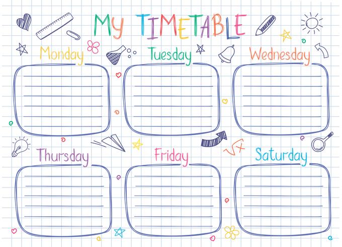 School timetable template on copy book sheet with hand written text. Weekly lessons shedule in sketchy style decorated with hand drawn school doodles. vector